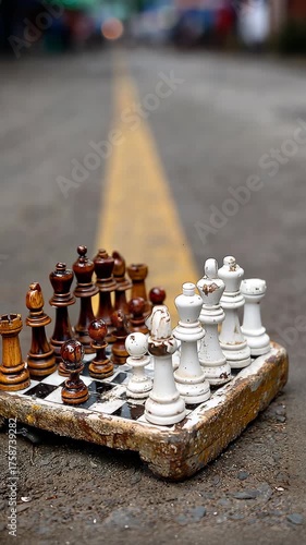 Chess game set up on a cobblestone street with a vibrant market background in the afternoon sun