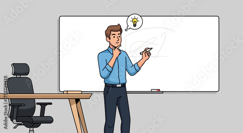 Cartoon Man Thinking and Presenting on Whiteboard.