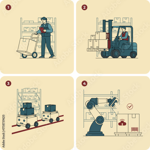 The evolution of a warehouse: from manual labor to robots. The work of a loader and a warehouseman is automated by robots, symbolizing the dismissal of personnel due to progress. A set of 4 images.