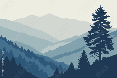 Smoky Mountains vector in misty blue minimal style
