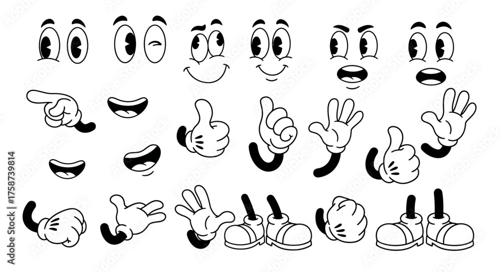 Fototapeta premium Cartoon body parts: eyes, mouth, hands, and feet in black and white.