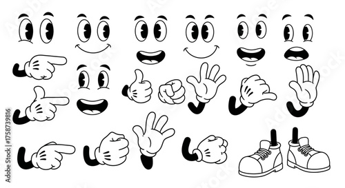 Cartoon character elements: eyes, mouths, hands, and shoes in black and white line art.