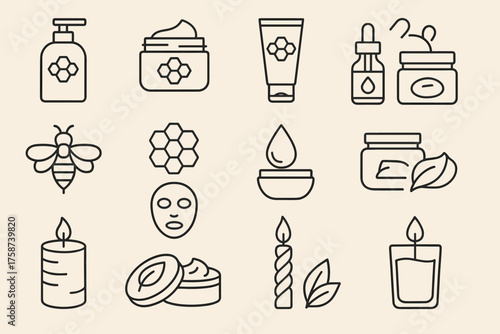 Honey Spa and Natural Skincare Line Icons — Organic Beauty and Wellness Set