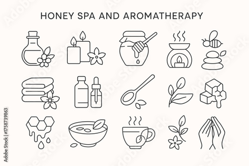 Honey Spa and Aromatherapy Line Icons — Natural Wellness and Relaxation Set