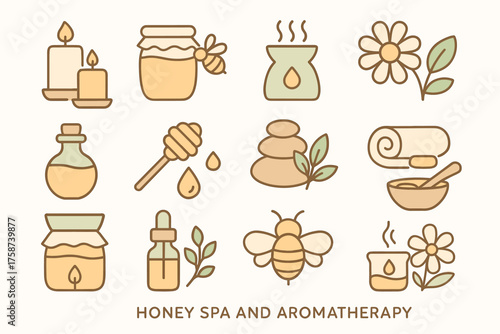 Honey Spa and Aromatherapy Icons — Natural Wellness and Relaxation Set