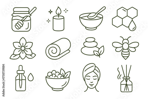 Honey Spa and Aromatherapy Line Icons — Natural Beauty and Relaxation