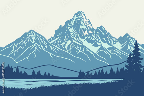 Minimalist Great Teton mountain range vector with clean blue gradient
