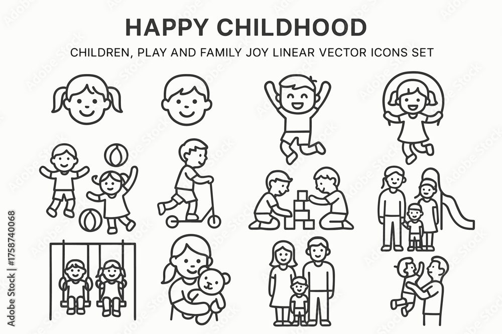 Fototapeta premium Happy Childhood — Kids, Family and Playtime Linear Vector Icons Set