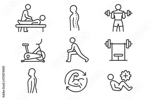 Physiotherapy and Fitness Exercise — Rehabilitation and Gym Linear Icons Set