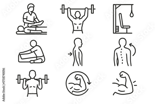 Physiotherapy and Gym Training — Muscle, Spine and Rehabilitation Outline Icons Set