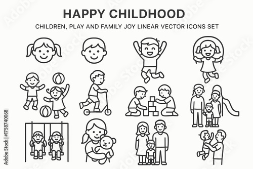 Happy Childhood — Kids, Family and Playtime Linear Vector Icons Set