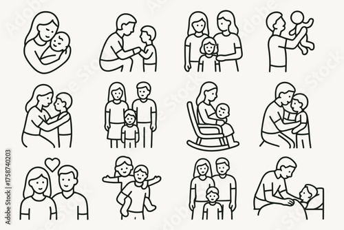 Family Love and Care — Parents and Children Line Art Vector Set