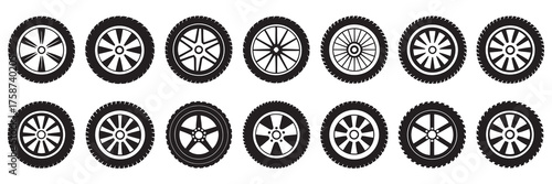 Collection of black and white tire and wheel illustrations