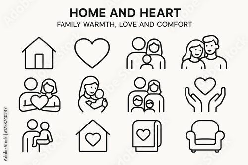 Home and Heart Icons — Family Love, Warmth and Comfort Line Set
