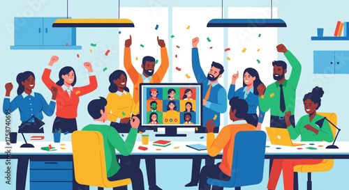 Team Celebrating Success During a Video Conference Meeting.