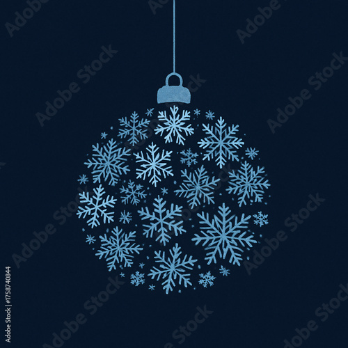 A minimalist illustration of a Christmas ornament composed of delicate blue snowflakes against a dark navy background. Simple geometric arrangement and cool color palette