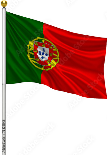 Realistic Portugal Flag Waving on Pole with Silk Fabric Texture, 3D Render Isolated on Transparent Background