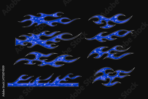 Blue flames livery design set for racing cars or motorcycles