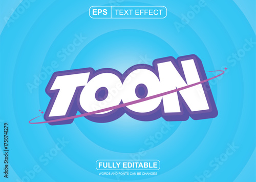 The editable font TOON with a purple outline and blue background. This resource can be used for fun, cute, and silly cartoon-style designs.