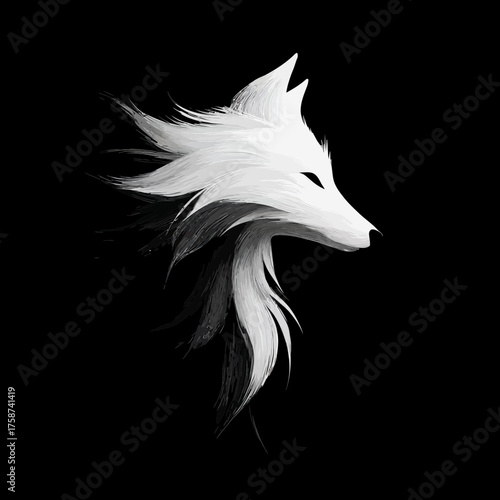 Elegant White Fox Illustration in Profile on Black Background, Stylized Animal Art, Minimalist Design, Mysterious Wildlife