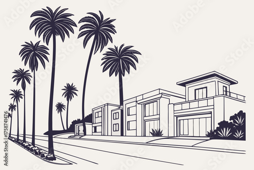 Beverly Hills palm road vector in minimal fashion style
