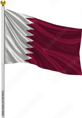 Realistic Qatar Flag Waving on Pole with Silk Fabric Texture, 3D Render Isolated on Transparent Background