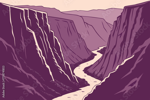 Flat minimalist design of Black Canyon of the Gunnison in bold purple hues
