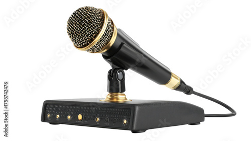 Professional Black and Gold Microphone on Stand Isolated on White Background