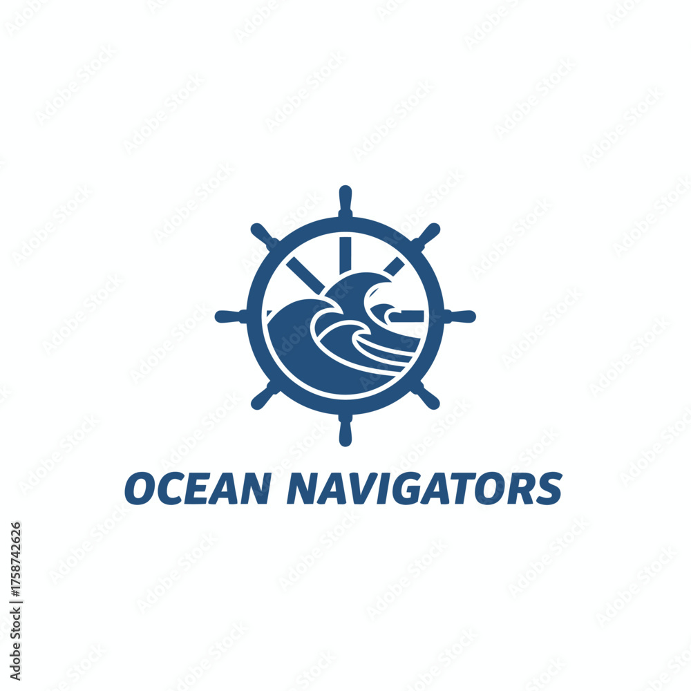Fototapeta premium A dark blue image featuring a ship's wheel around ocean waves, with text below in dark blue