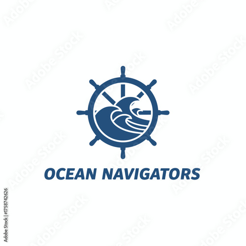 A dark blue image featuring a ship's wheel around ocean waves, with text below in dark blue