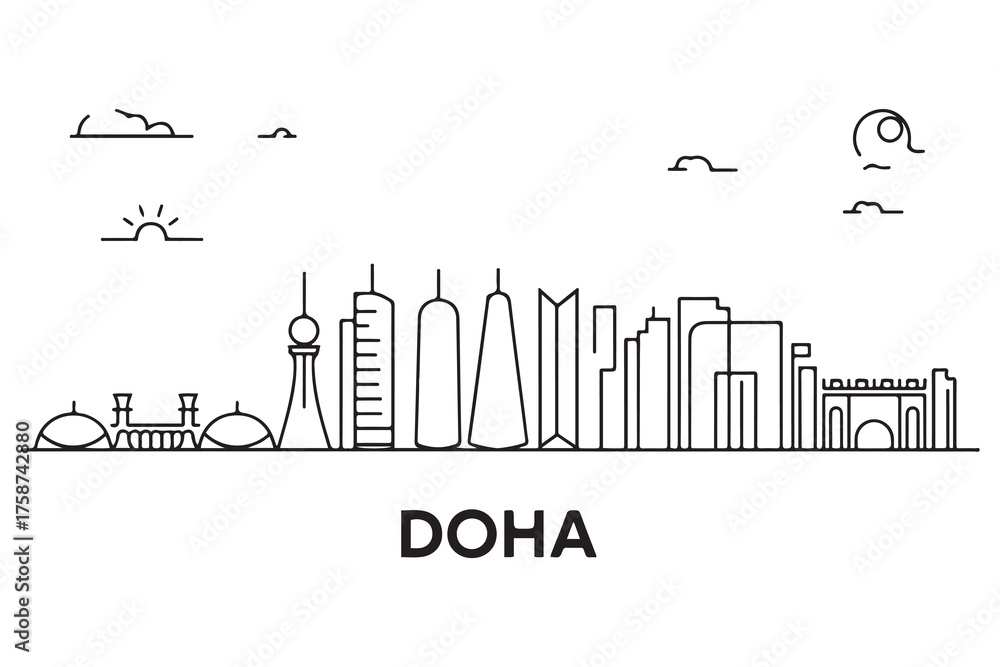 Obraz premium Doha Line Art skyline. Travel Doha, Qatar famous landmarks. Business and tourism concept for presentation, banner, web site with white background