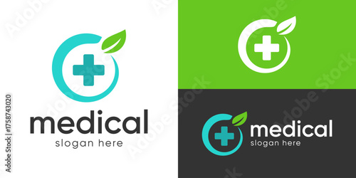 Creative simple medical logo template. Plus with circle leaf, Health care logo design vector illustration.