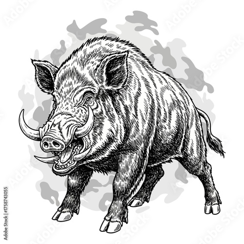 Aggressive wild boar pig with large tusks charging forward vector illustration