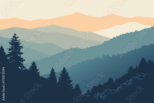 Minimalist vector of Great Smoky Mountains sunrise landscape, misty layered mountains
