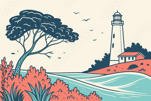 Modern minimalist vector of Biscayne National Park coral reef and ocean wave
