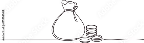 Minimalist line drawing of a money bag and coins finance wealth