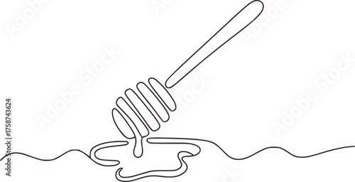 Minimalist line drawing of honey dipper with dripping honey black and white