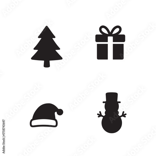 Christmas Holiday Icon Set: Tree, Gift, Santa Hat, and Snowman