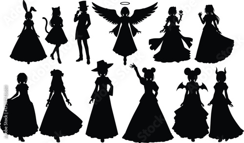 Silhouette characters, fantasy costumes, animal ears, angel wings, demon horns, princess gown, witch hat, magical girl, cosplay, vector illustration art