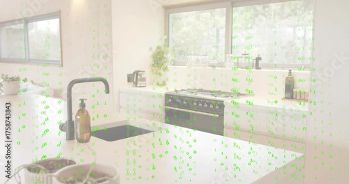 Green code overlay cascading from top, thinning and vanishing, revealing central countertop island