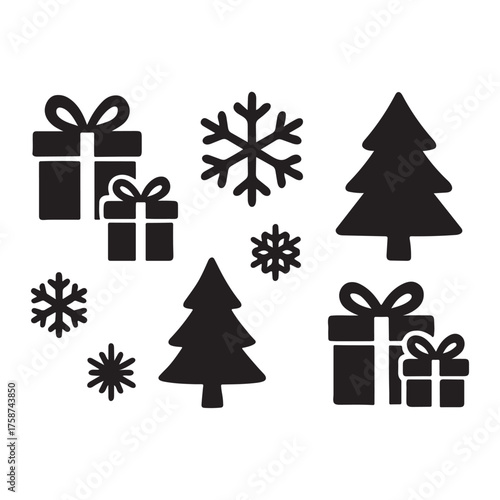 Black Christmas Icons Set: Gift Boxes, Pine Trees, and Snowflakes