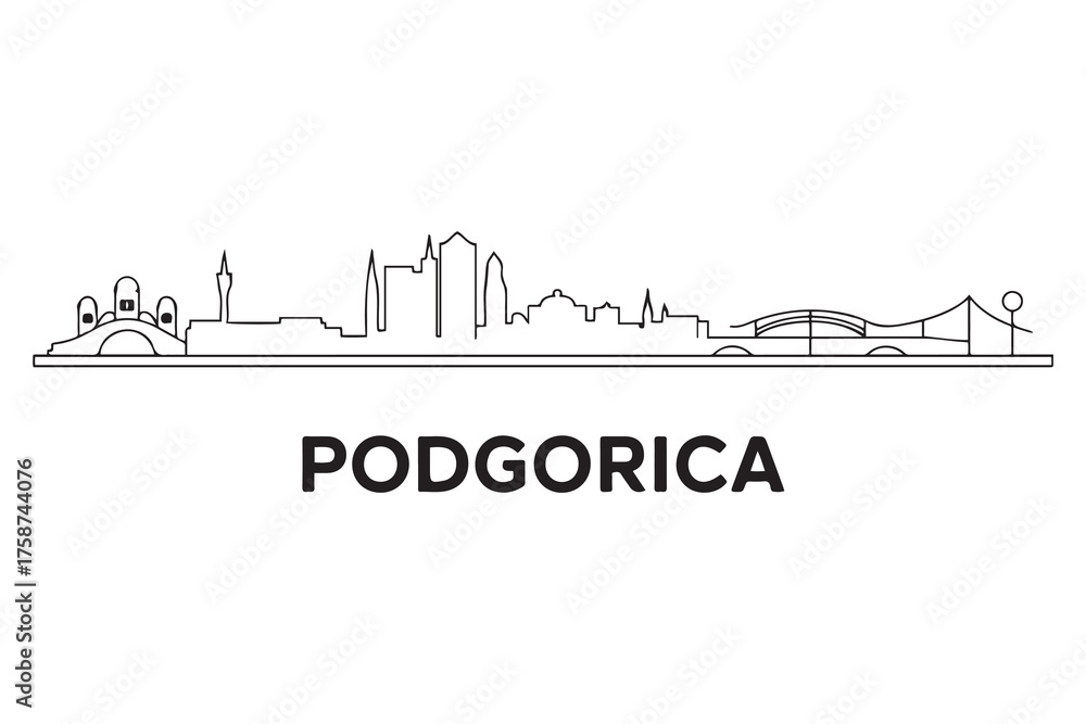 Obraz premium Podgorica Line Art skyline horizontal banner. Black and white silhouette of Podgorica, Montenegro. Vector template for your design. with white background