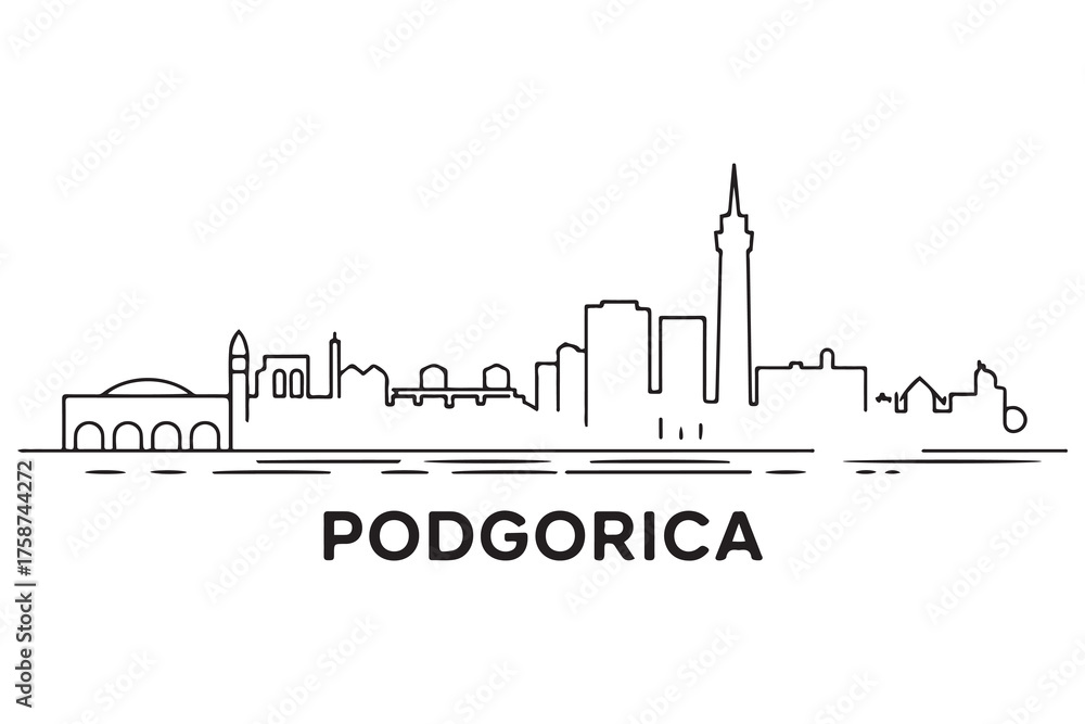 Fototapeta premium Podgorica Line Art skyline horizontal banner. Black and white silhouette of Podgorica, Montenegro. Vector template for your design. with white background