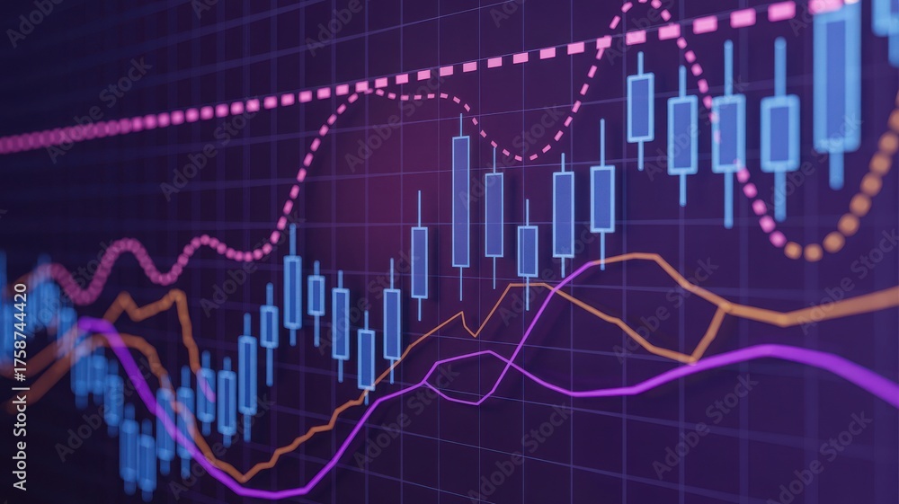 Naklejka premium Stock market data presented with candlestick chart, indicators, and moving averages