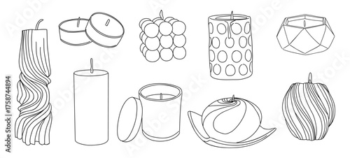 Black and white line art of decorative candles and holders in various shapes and textures. Minimalist vector with spiral, floral, and geometric candle designs in a horizontal layout