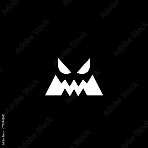 Menacing monster face icon with sharp teeth and angry eyes on black. Stylized evil creature symbol, perfect for horror or gaming design.