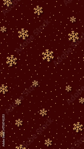 Luxury Christmas looping animation with golden snowflakes and glowing dots over a deep red background. Perfect for festive stories, holiday greetings, invitations, or elegant winter themes.