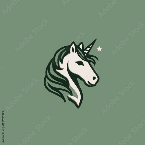 Elegant mythical unicorn head illustration with a magical star, fantasy creature symbol, vector graphic, magical and dreamlike design.
