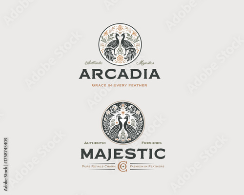 luxury peacock with ornate tail feathers logo 