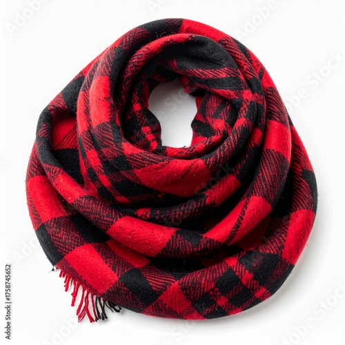 Red and Black Buffalo Plaid Infinity Scarf on White Background Fashion Accessory